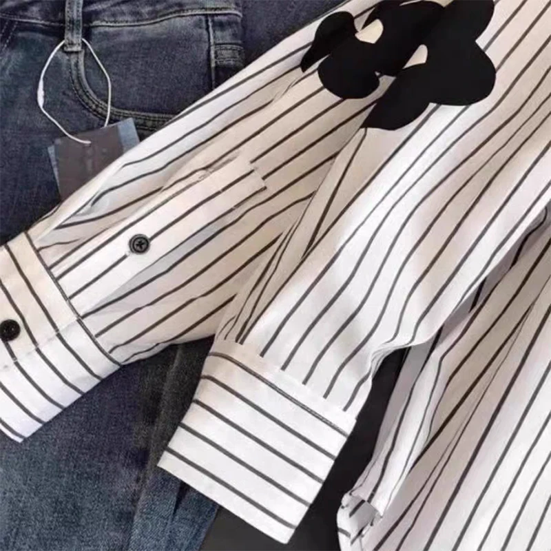 Chemise ample et chemisier à manches longues, col rabattu, rayures florales, nouveau dans les vêtements, haut décontracté, simple boutonnage, bureau, dame, blanc
