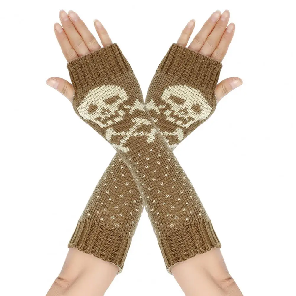 Contrast Color Winter Gloves Skull Print Fingerless Gloves Arm Sleeves Set for Fall Winter High Elasticity Non-slip Windproof