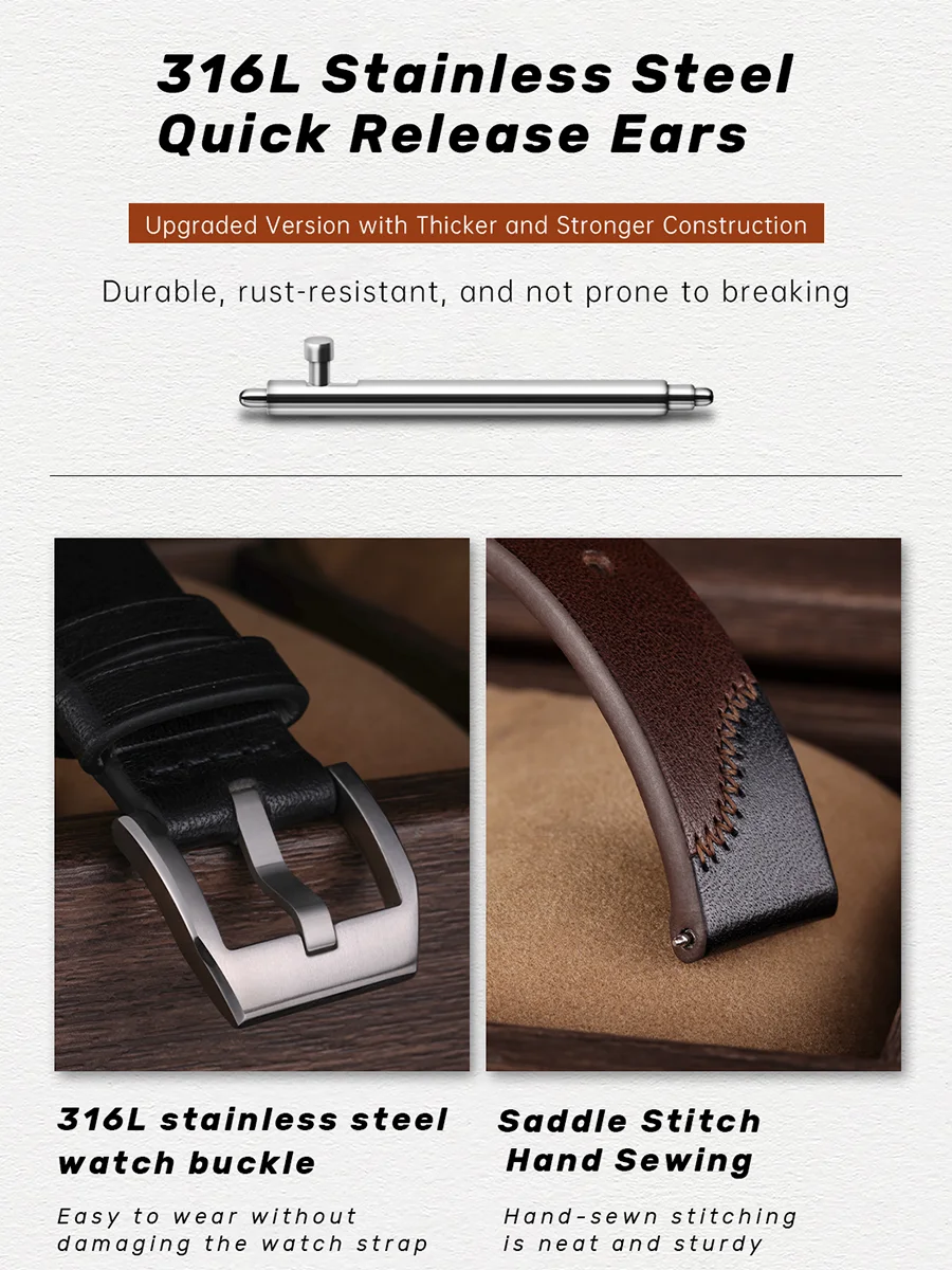 Maikes Handmade New Design Double Color Watch Band, Quick Release, Top Full Grain Leather Strap With Rose Gold Buckle