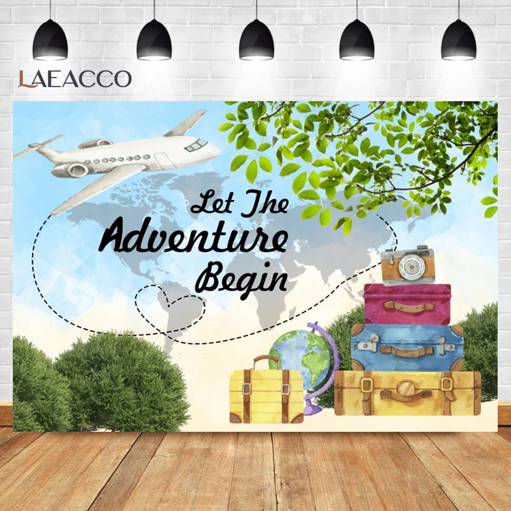 Adventure Travel Background World Map Children Birthday Party Hot Balloon Red Airplane Decor Baby Shower Photography Backdrop