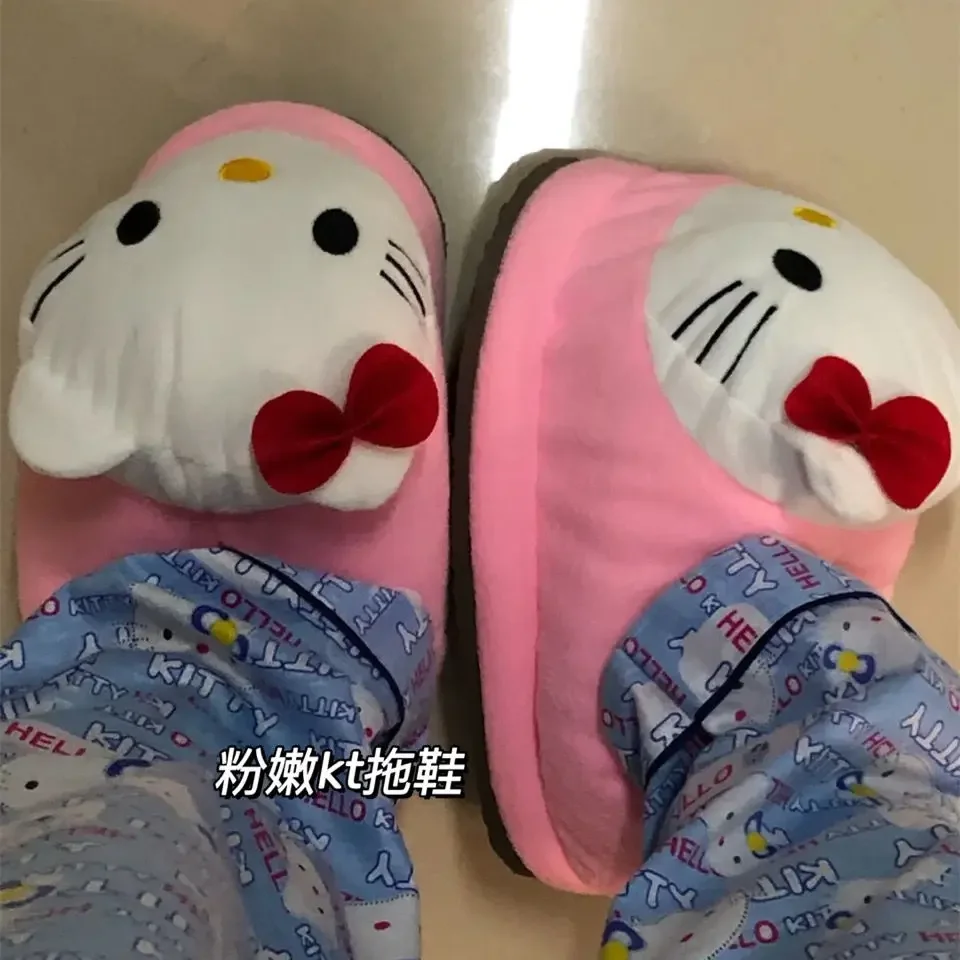 Büyük baş Hello Kitty kış ev karikatür pamuk terlikler kadın odası sevimli sıcak kore öğrenci yurt wrap ayaklar pamuklu ayakkabılar