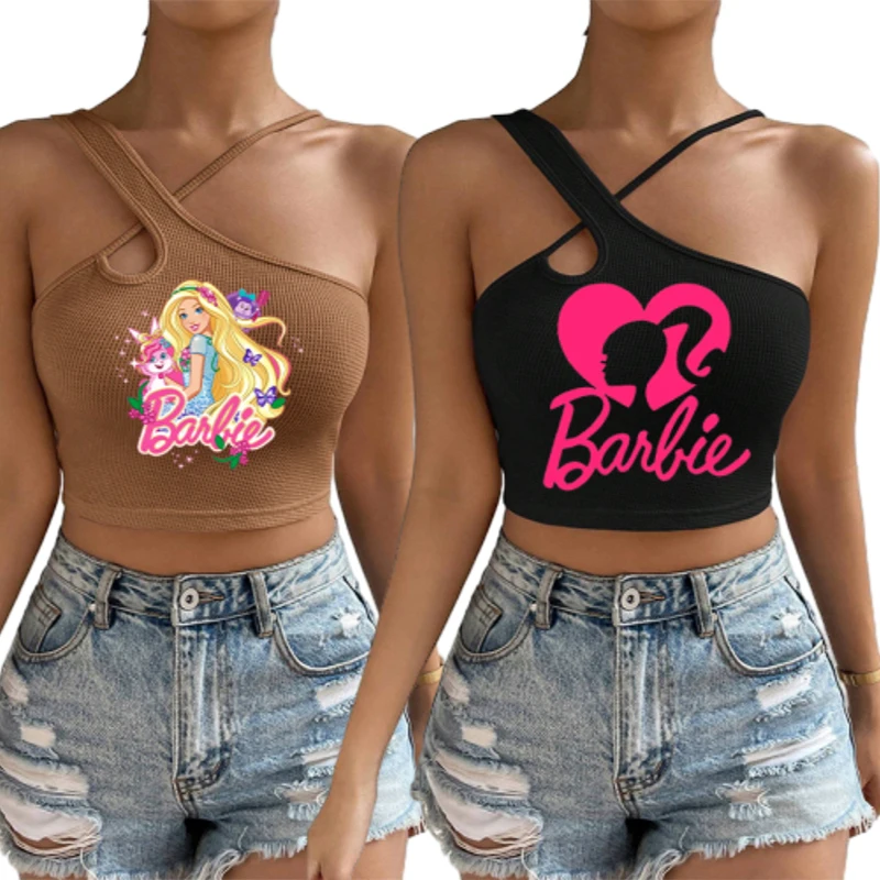 Sexy Summer Kawaii Barbie Women Hollow Tank Top Fashion Slim Sleeveless Cropped Y2K Camisole Harajuku Girls Spring Tees Shirts