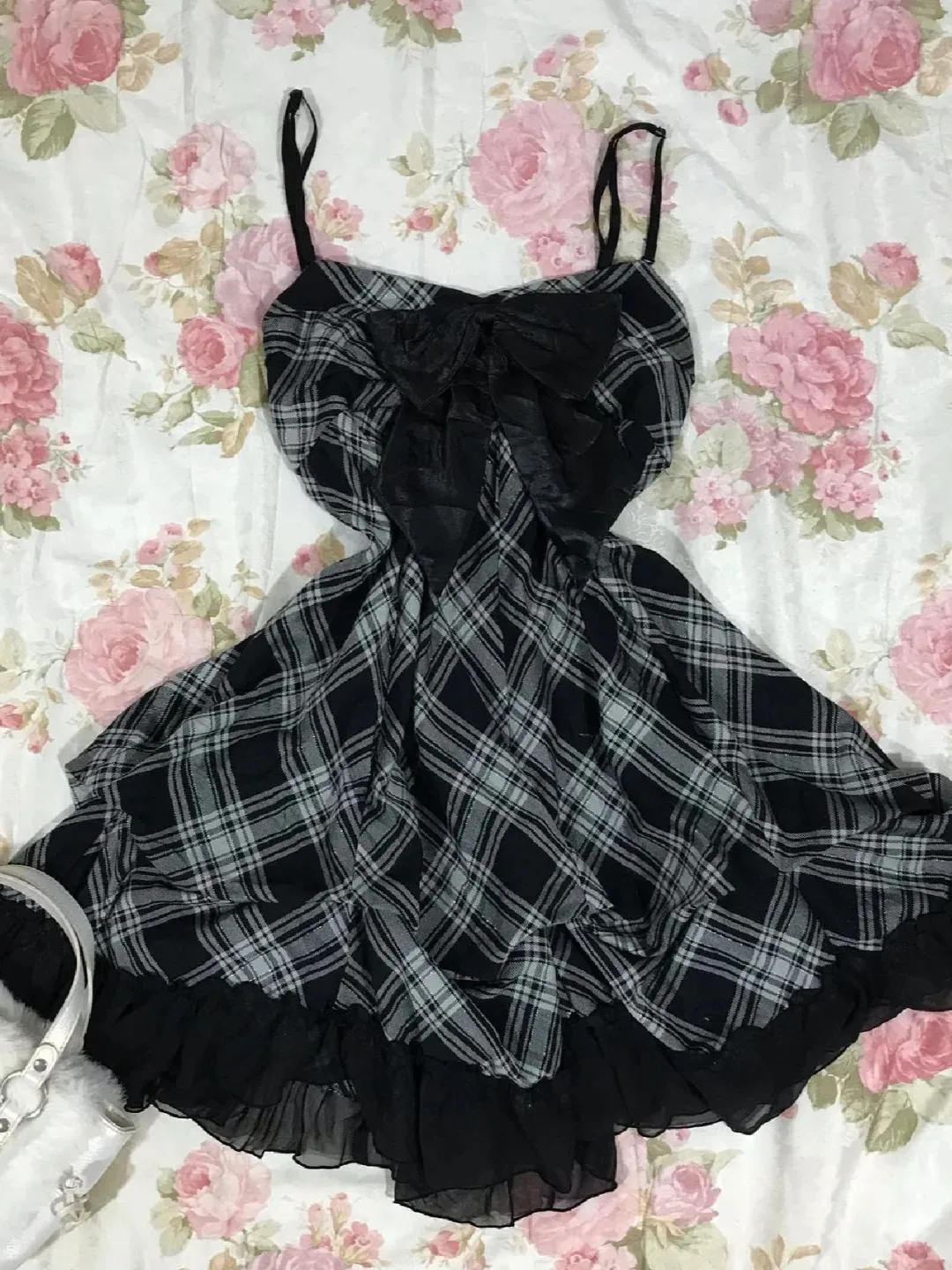 Japanisches Y2K Vintage Kariertes Kleid für Damen Kawaii Süßes Schleifenkleid mit Spitzenbesatz Koreanisch Schick Elegant Harajuku Trägerkleid Mini-Kleid Sommer