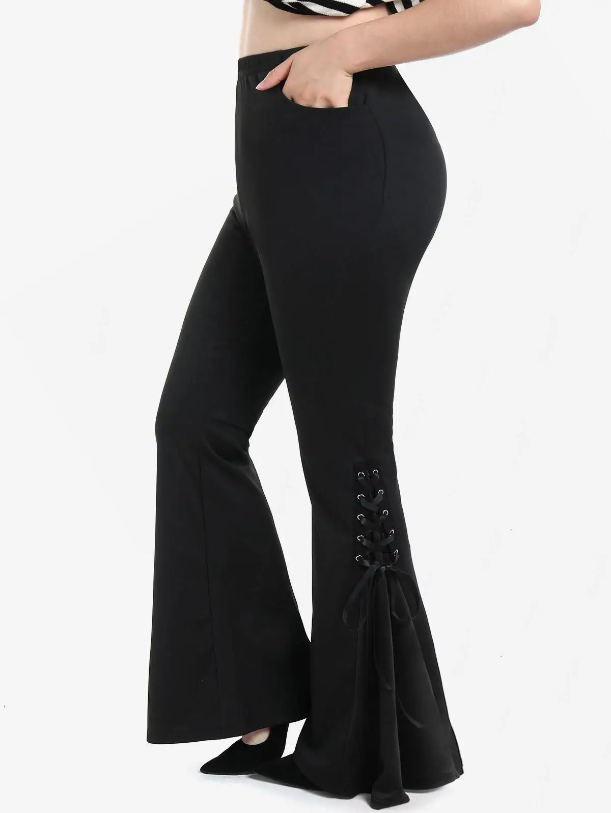 Plus Size Gothic Lace Up Hem Flare Pants Women High Waisted Stretchy Contrast Godet Trousers Mujer Bell Bottom Pants 4XL