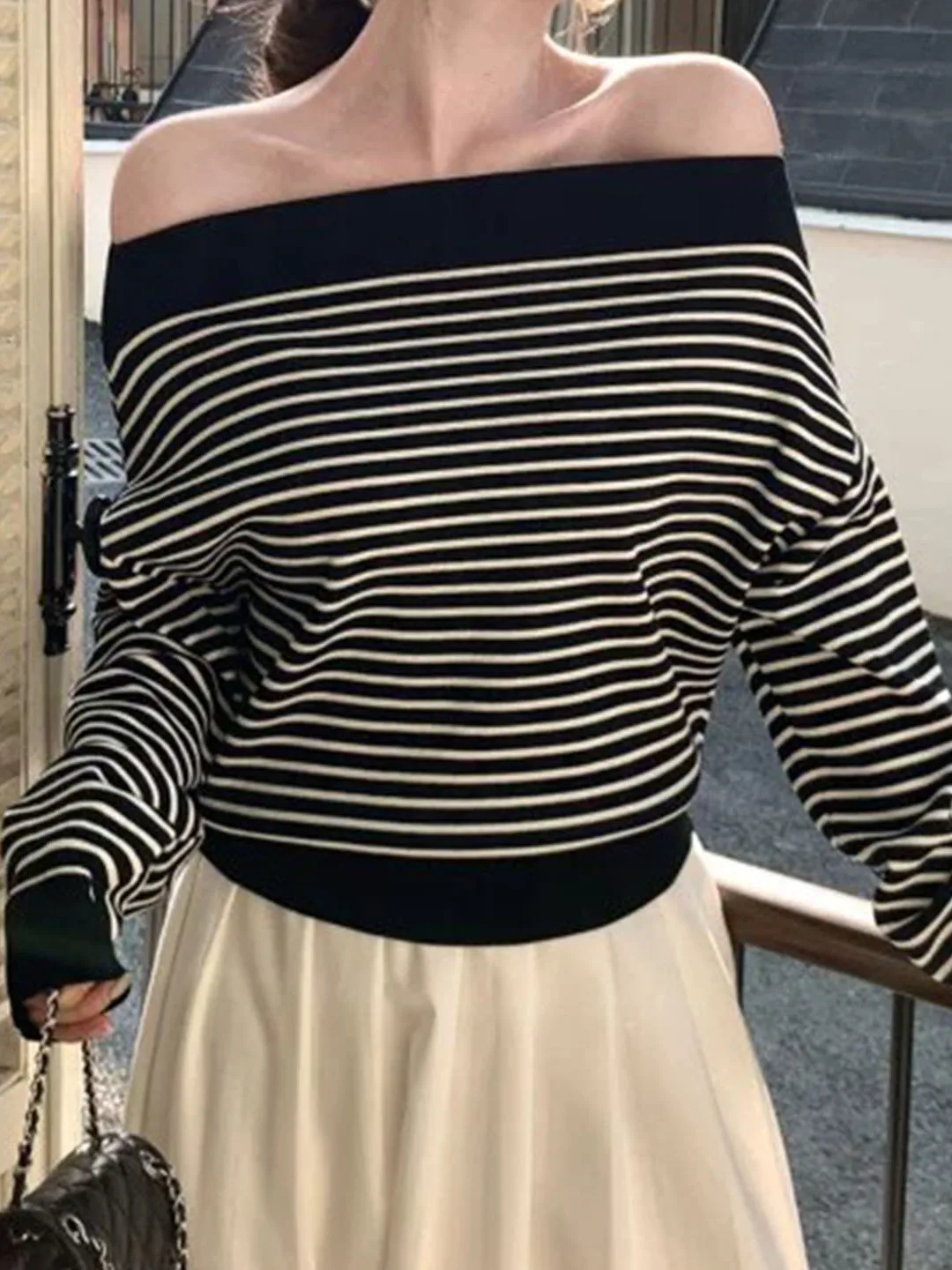 Chic Autumn Winter Striped One Shoulder Knitwear Women's Single Wear Superb Pure Desire Slant Collar Personality Top