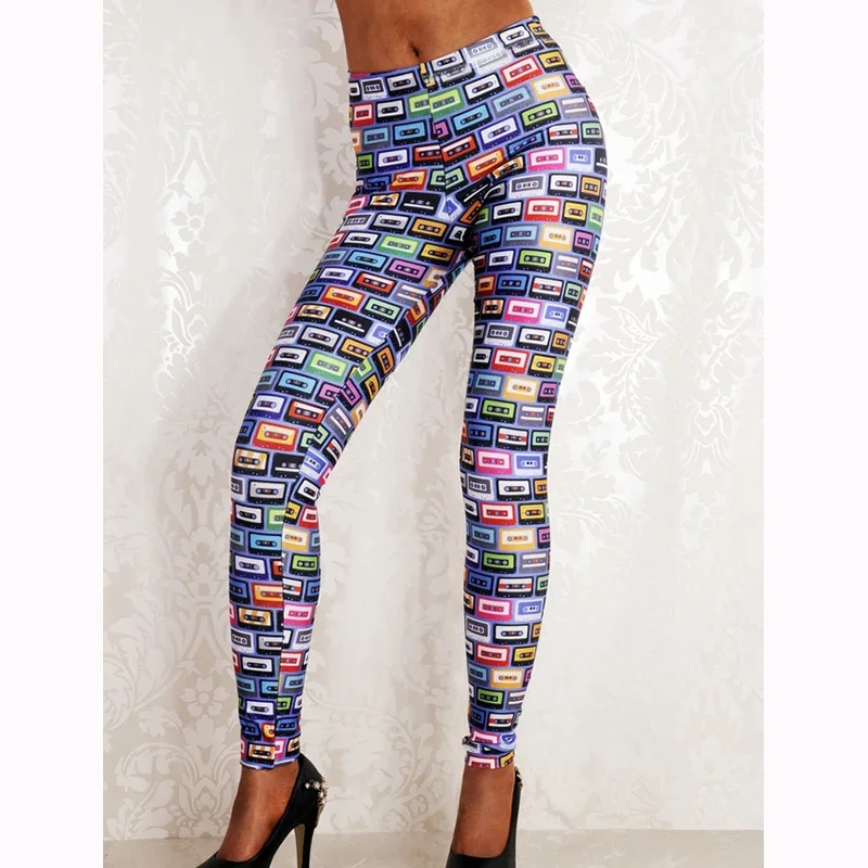 Damskie długie spodnie z nadrukiem kreskówkowym legginsy spodnie letnia jesień Fitness Push Up Work Out rozciągliwe satynowe legginsy spodnie