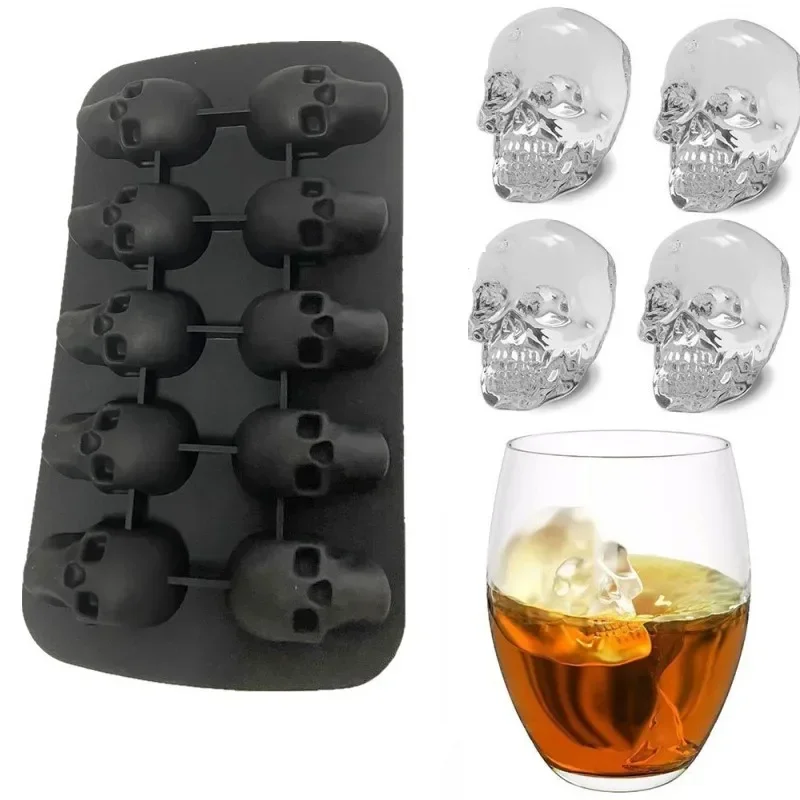 3D Crânio Silicone Ice Cube Mold, Ice Cube Tray Maker, DIY Whisky Cocktail Ball Mold, Molde de pastelaria Chocolate, 10 células