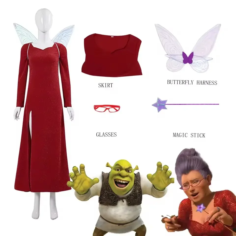فستان Shrek the Monster Fairy Godmother التنكري فستان طويل للهالوين مجموعة عرض مسرحي بأجنحة الجنية