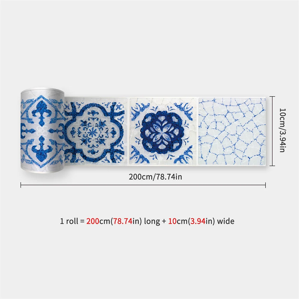 2m Blue Retro Pattern Wall Trim Line Skirting Border Self Adhesive Waterproof Baseboard Wallpaper Wall Sticker Room Home Decor
