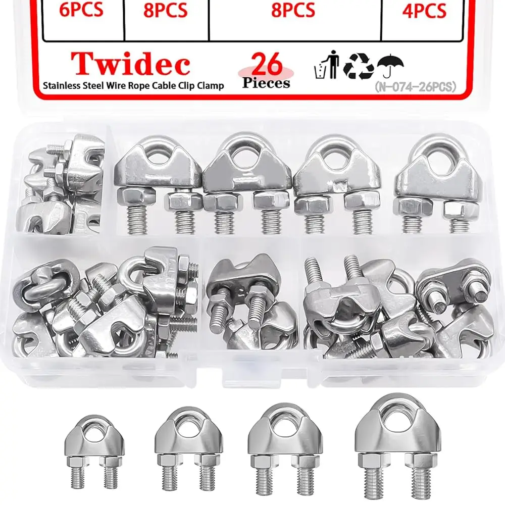

Набор из 26 зажимов для стального троса из нержавеющей стали 304, 4 размера: 1/16, 1/8, 3/16, 1/4 дюйма, N-07