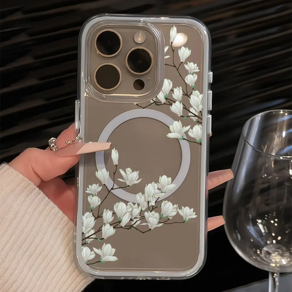 Luxury White Flower Phone Case For Samsung Galaxy A57 A36 S24 S23 S22 S26 S25 Ultra Plus FE A56 A55 A06 Wireless charge Cover