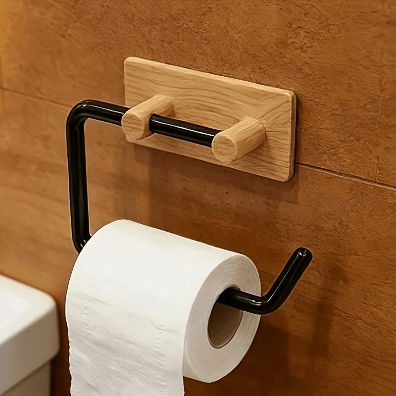 Modern Wall-mounted Toilet Paper Holder with Wood Grain Finish, No-drill Self-adhesive Tissue Rack—dual-purpose Kitchen/bathroom