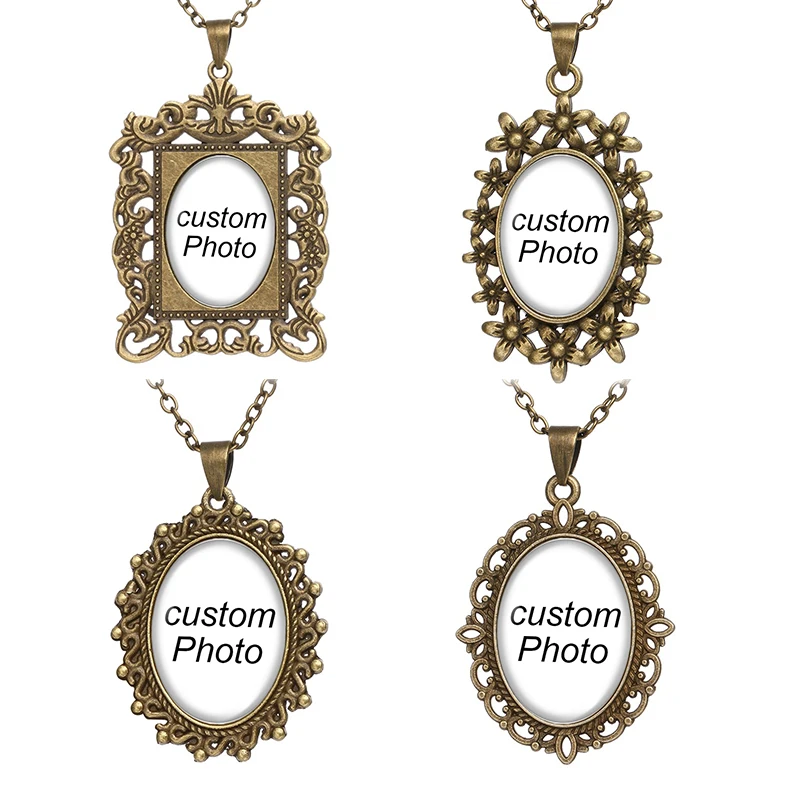 Personalized Photo Custom 18x25mm cabochon Hollow Retro Pattern edge Pendant Charms silver plated/Bronze necklace DIY Jewelry
