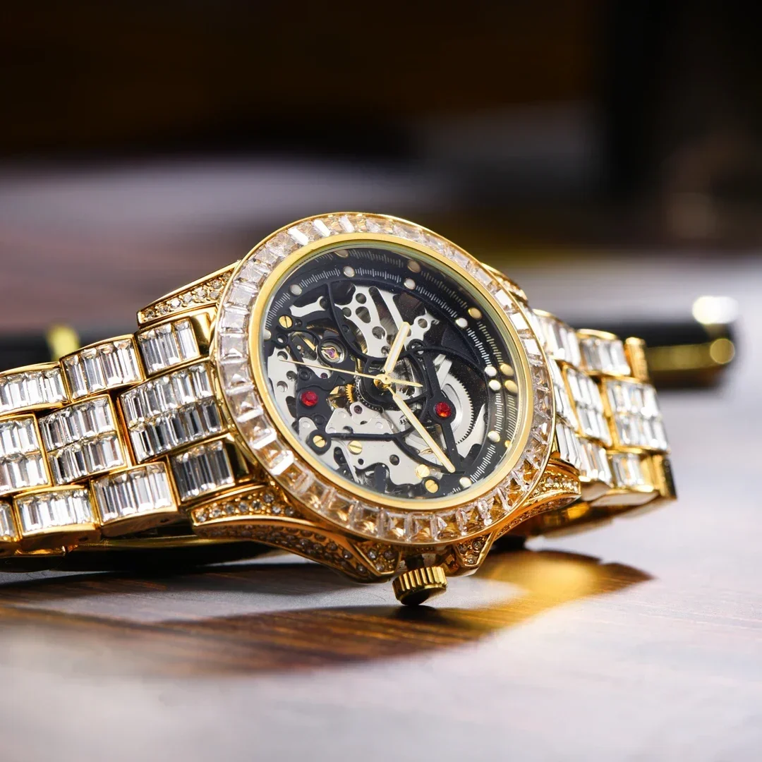 Iced Out Watch for Men Full AAA Diamond Around Mechanical Mens Watches Skeleton Tourbillon Automatic Wristwatch Man Gold Reloj