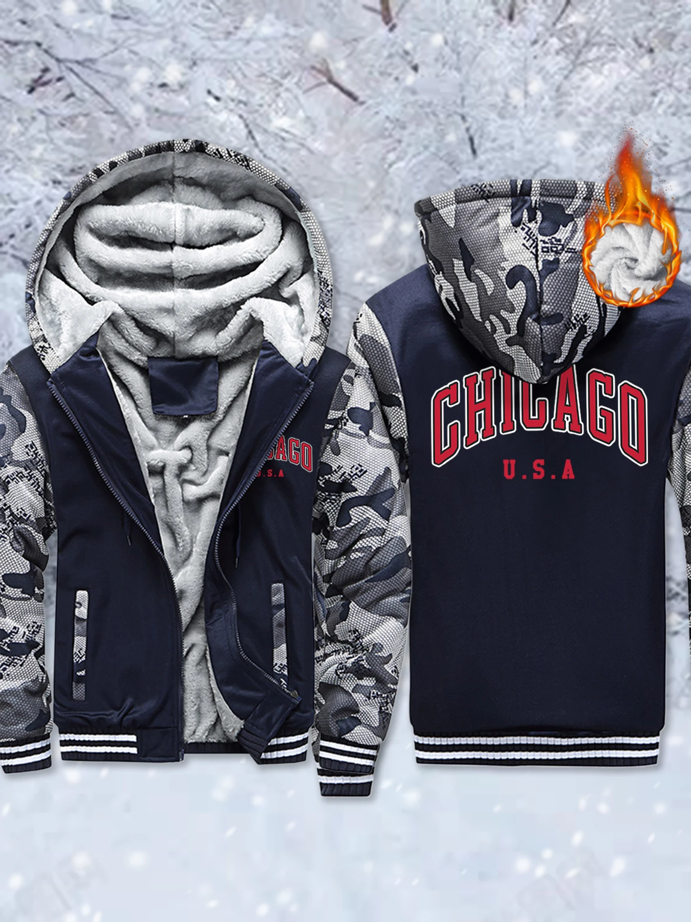 

Chicago Usa Letter Print Fleece Basics Jacket Men'S Fashion Winter Hoodie Thicken Warm Coat Comfortable Zipper Sportswear Unisex