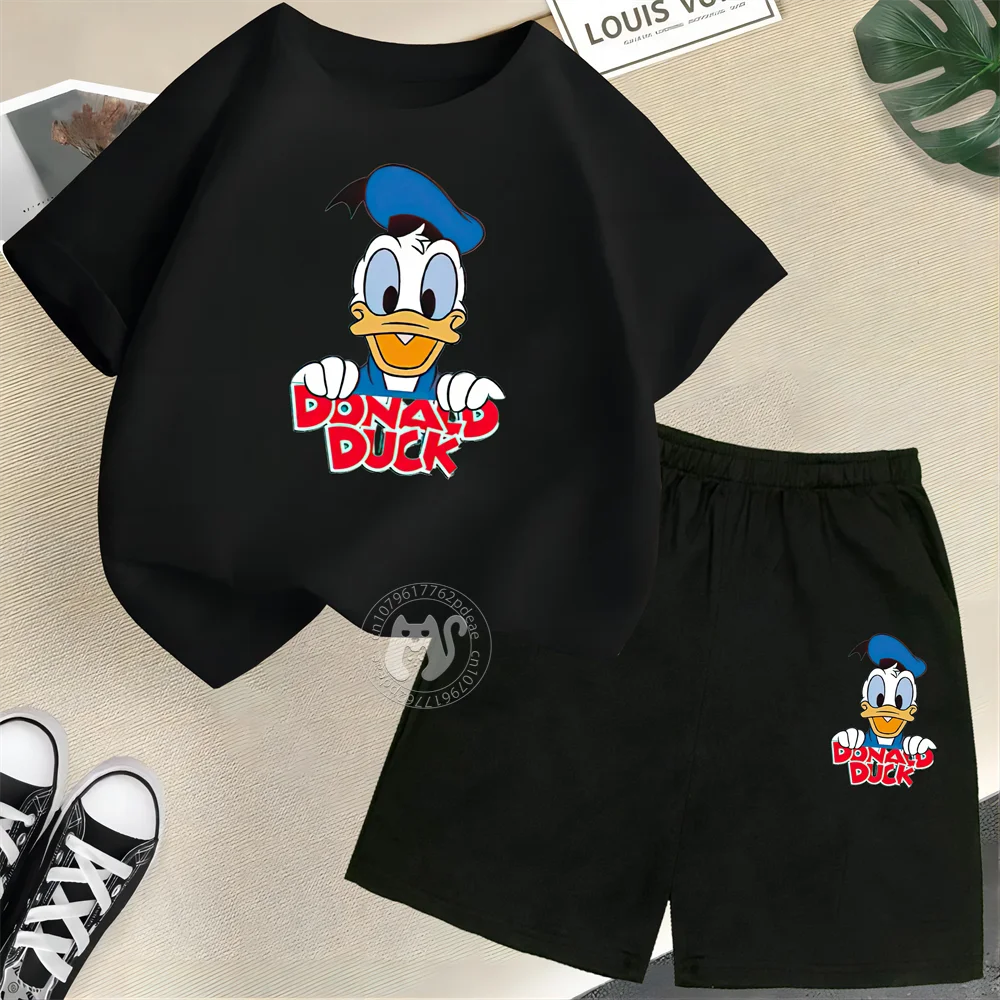 Disney Kids Summer 100% Cotton Summer Dress Donald Duck Alphabet Print Teen Boys Girls Short sleeve + Shorts Cotton casual suit