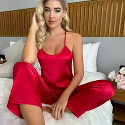 2pcs Summer Women Pajamas Red Silk V-Neck Sling and Lang Pants Women Nightwear Sexy Dress for Women Home Wear