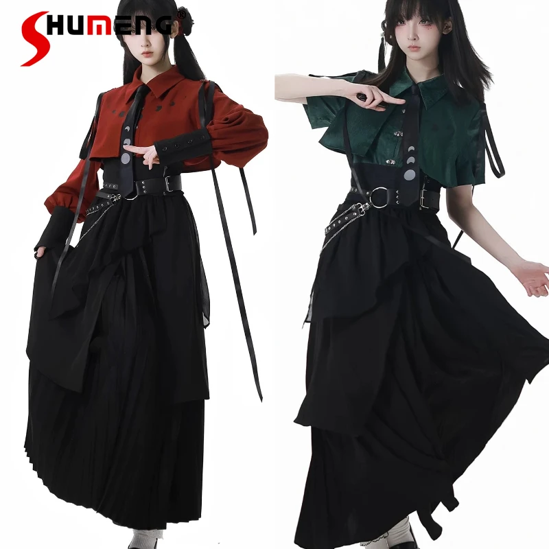 

Autumn Retro Elegant Womens Outfits Girls' Sweet Gothic Button Design Tops + Black High Waist Retro Skirt Female Belt Party Sets