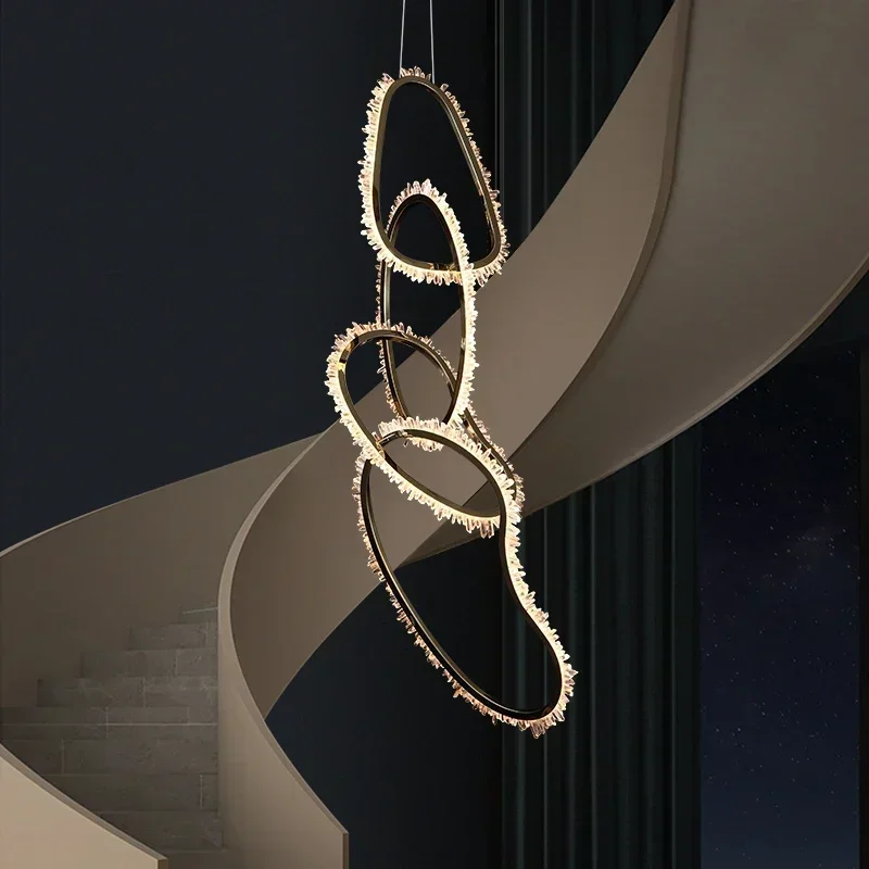 Black Ring Led Chandelier For Stairscase Loft Living Room Dining Room Table Kitchen Bar Creative Led Hanging Pendant Lights