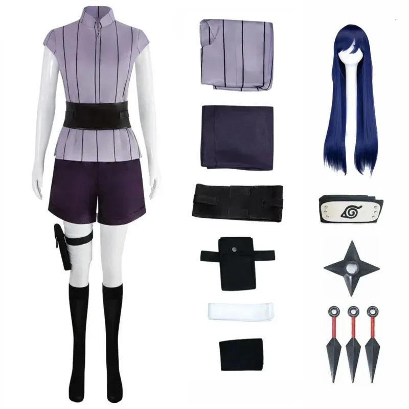 Disfraces de Hyuga Hinata para mujer, con protector para la frente, bolsa Kunai, disfraz de Halloween, disfraz de Anime para mujer, Ged