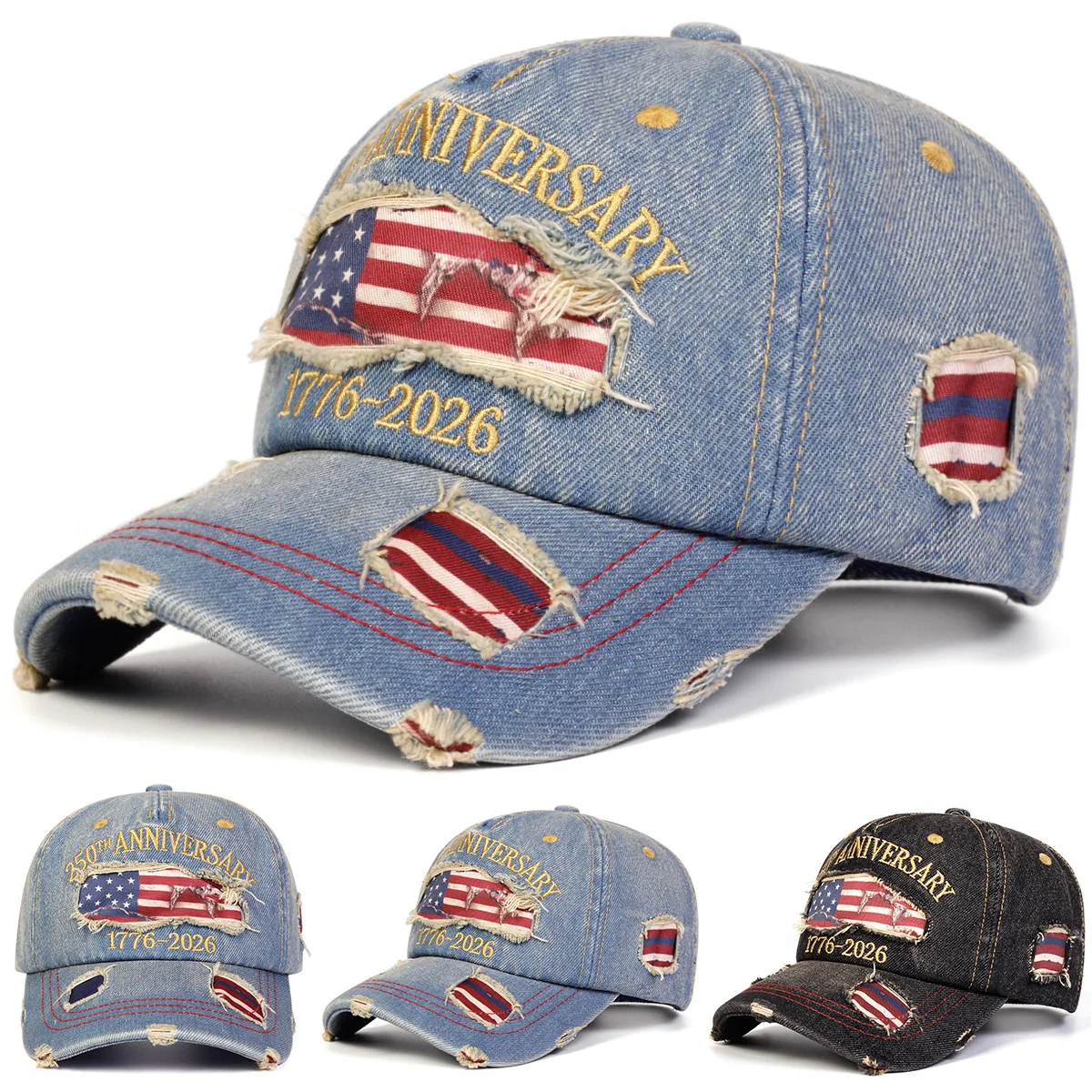 250th Anniversary Commemorative Embroidered Hat Vintage Distressed Baseball Cap,Flat Cap Distressed Ripped Baseball Cap
