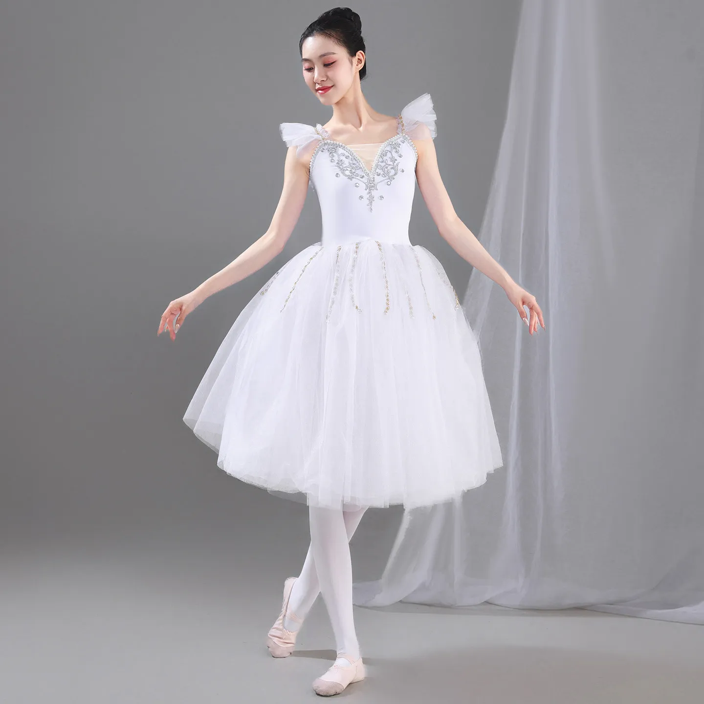 Romantic Ballet Tutu Dress Rhinestone Embroidery Tulle Skirt Fairy Shoulder Ruffle Professional Stage Performance Ballerina