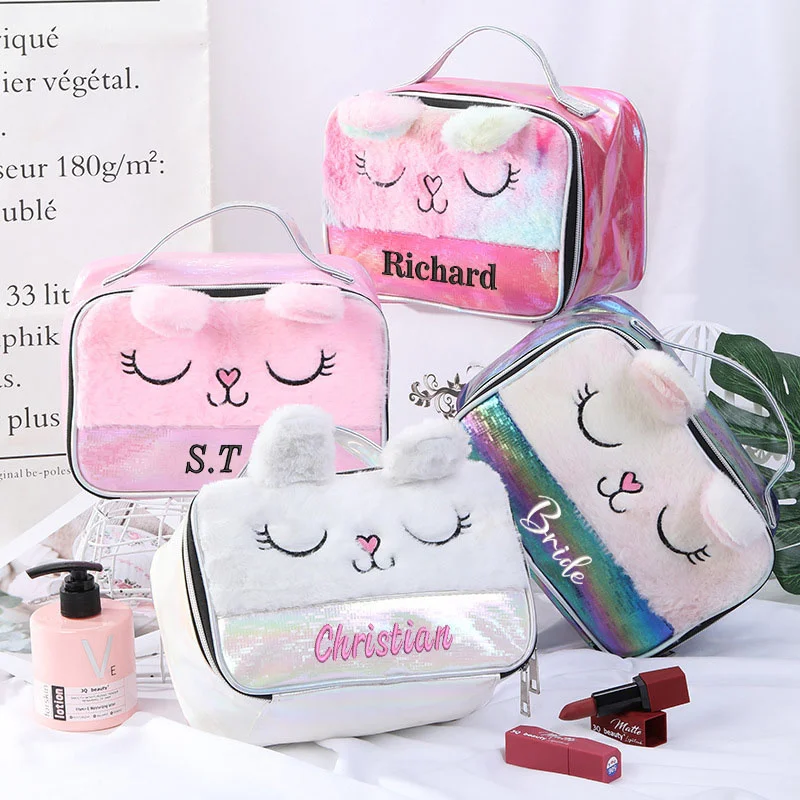 Custom Embroidered Flannel Large Capacity Travel Amenity Bag Personalized Logo Cute Hand-Held Waterproof Cosmetic Bag