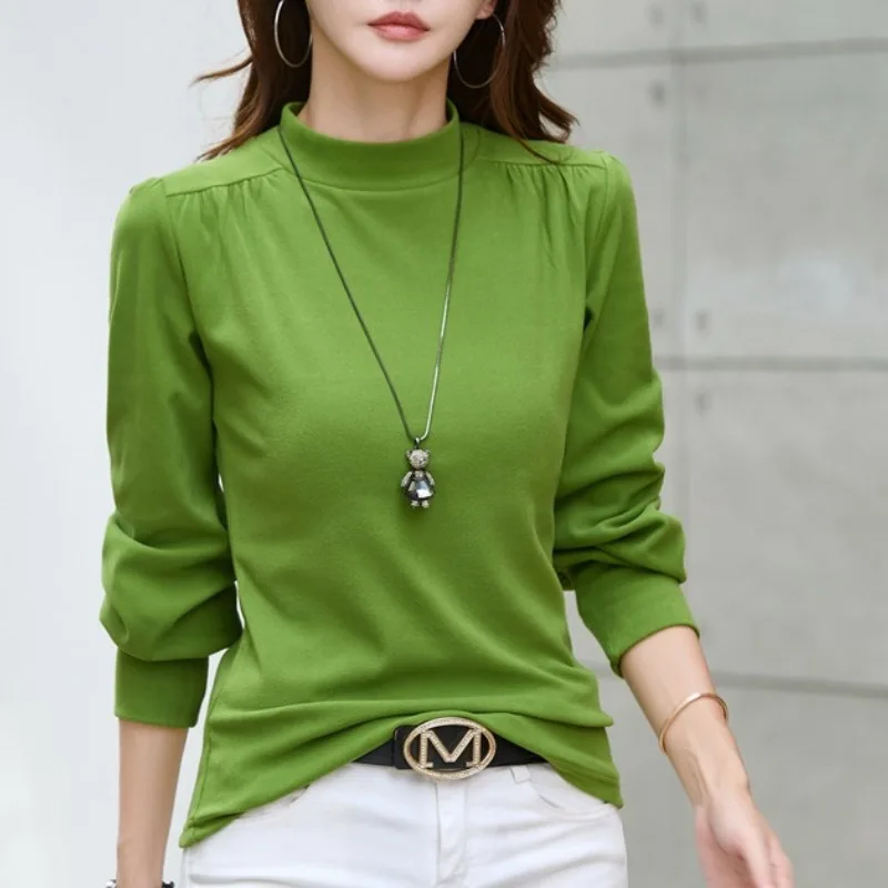 Herfst En Winter Dames Pullover Effen Kleur Half Hoge Hals Onderlay Lantaarn Lange Mouw T-Shirt Mode Casual Elegante Tops