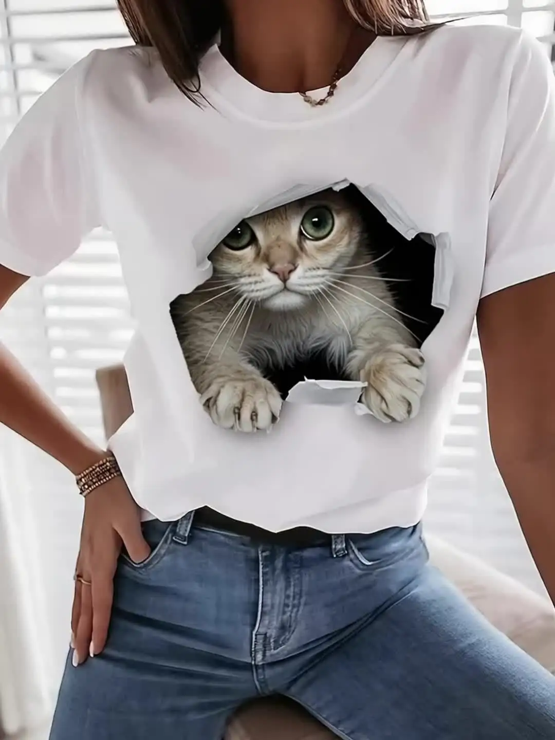 Camiseta com gola redonda com estampa de gato, camiseta casual de manga curta para primavera e verão, roupas femininas