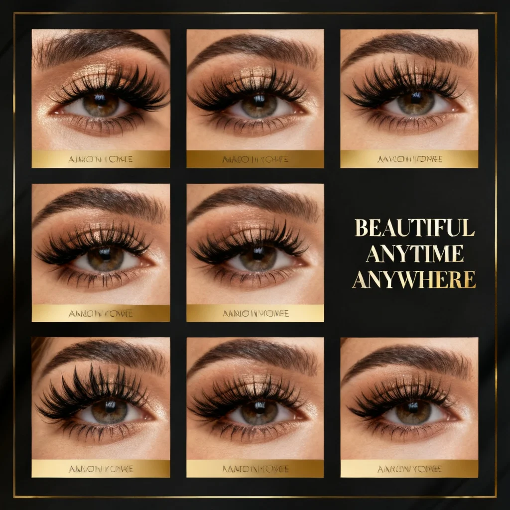 この接着剤不要のアイライナーとつけまつげステッカーセットには、蘭色、ゴールド、黒のグリッターつけまつげが4組含まれています。