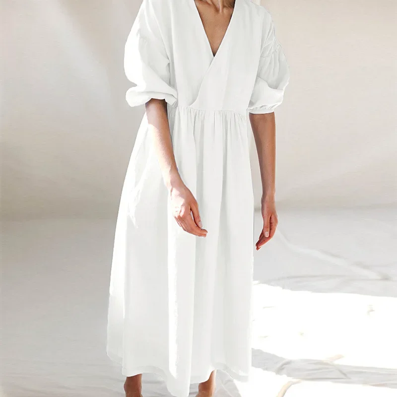 Afbeelding 7: Casual Katoen Linnen Zomer Vrouwen Jurk Sexy V-hals Patchwork Koreaanse Fashion Holiday Beach Party Jurk Met Zakken