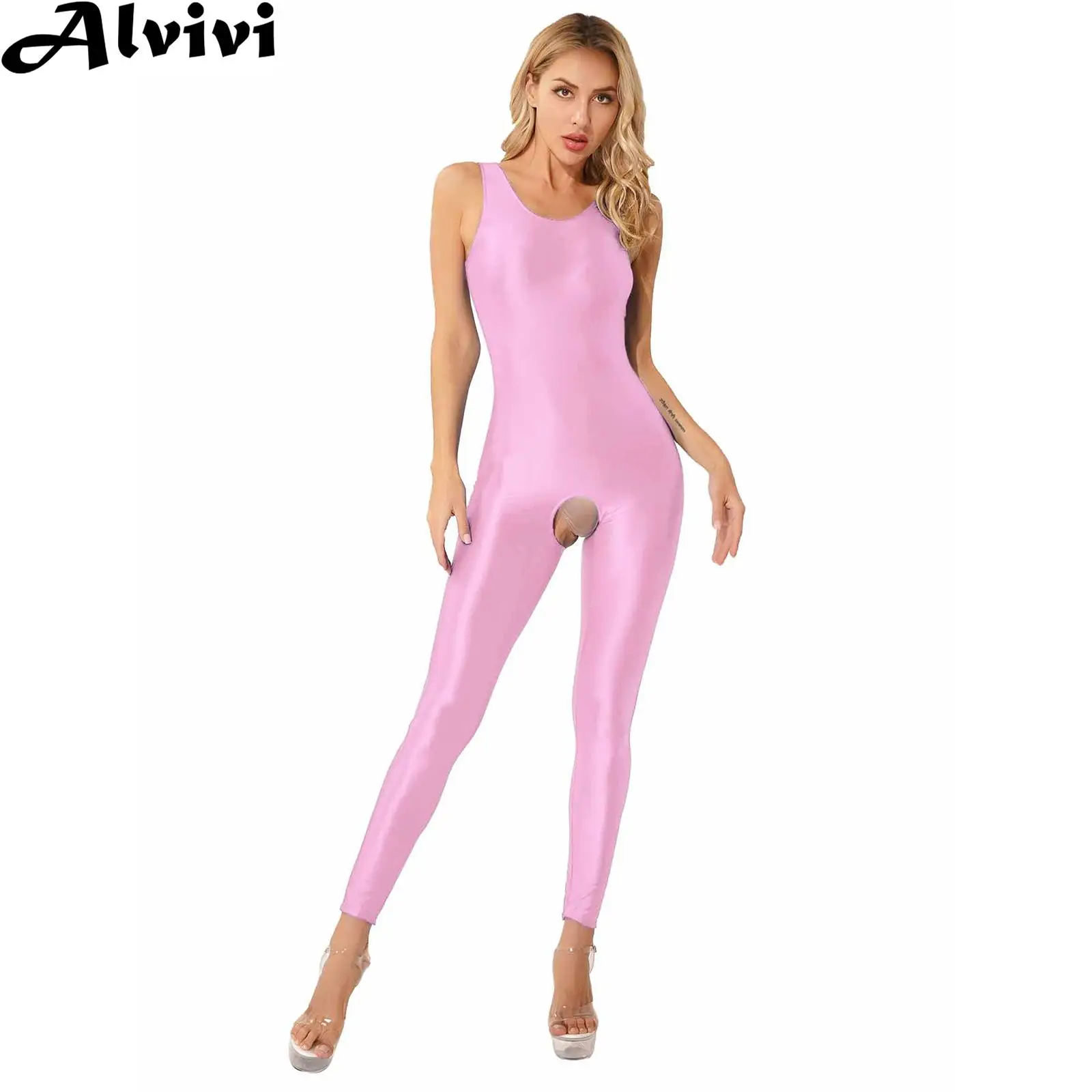 

Women Sexy Glossy Crotchless Bodysuit Rave Party Nightclub Pole Dancing Clubwear Sleeveless Solid Stretchy Catsuit Nightwear