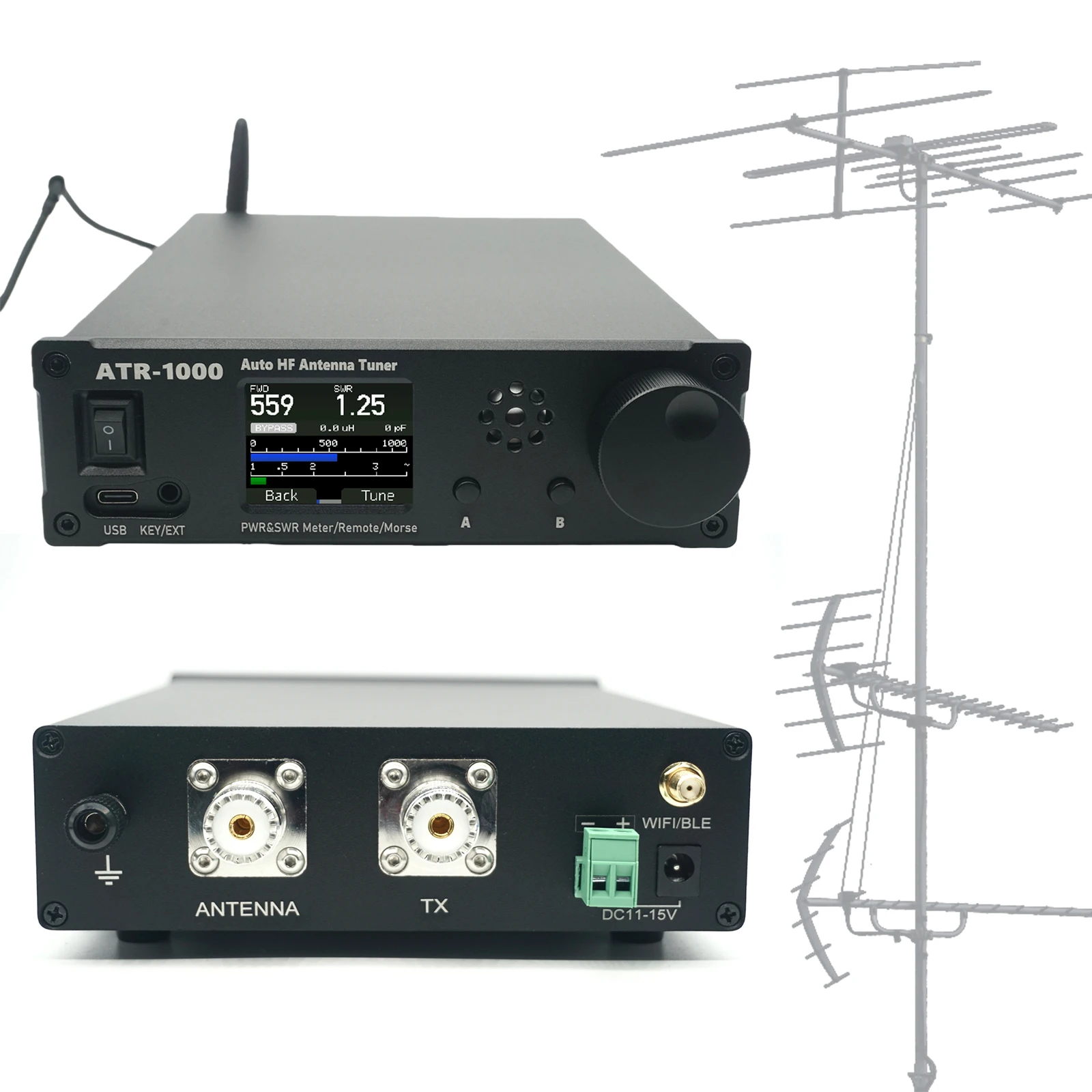 AMNVOLT ATR1000 1000W 1.8-30MHz Automatic Antenna Tuner 1.8In TFT Screen Full Waveband Radio Receiver Lightweight For YAESU ICOM