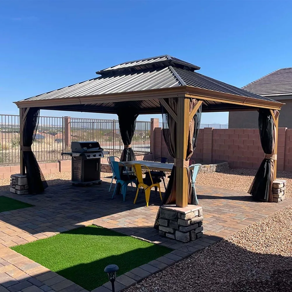 

12’ x 16’ Hardtop Gazebo Outdoor Aluminum Wood Grain Gazebos with Galvanized Steel Double Canopy for Patios Deck Backyard