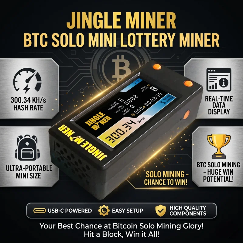 Jingle Mining BTC SOLO Mini Lottery Miner 300KH/s BTC Wi-Fi SHA-256d Home Miner Jingle Miner Bitcoin Crypto Solo Lottery 3.3V 1W