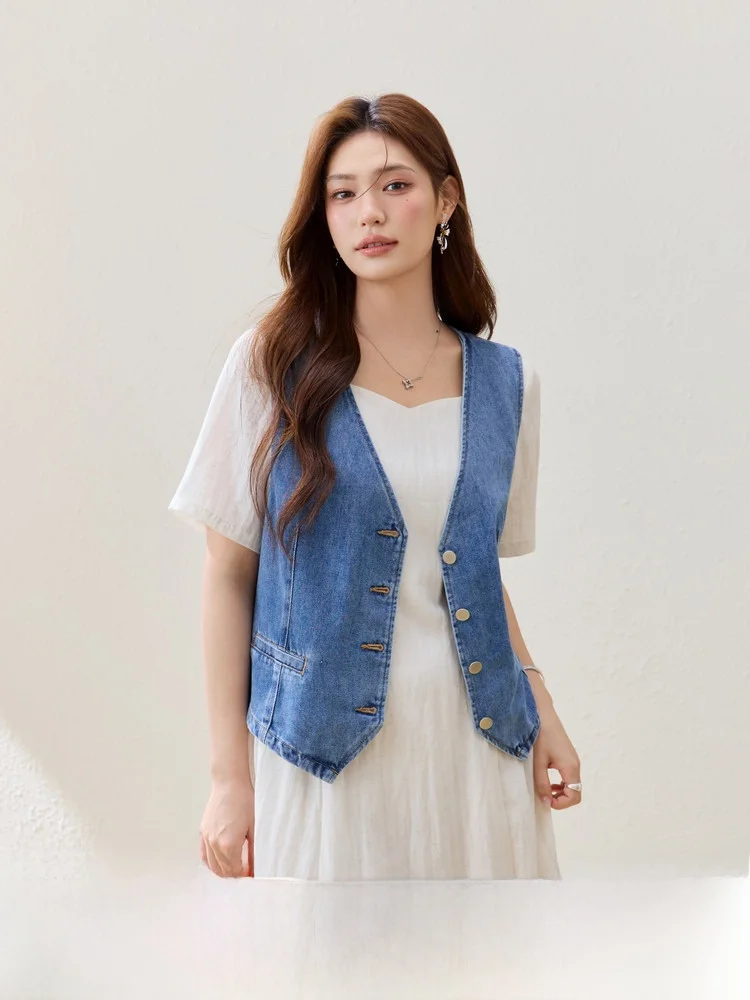 

Retro Denim Vest Layering V-Neck Open Cardigan plus Size Women's Fashion Versatile Summer New Arrival Button Detail Cotton Blend