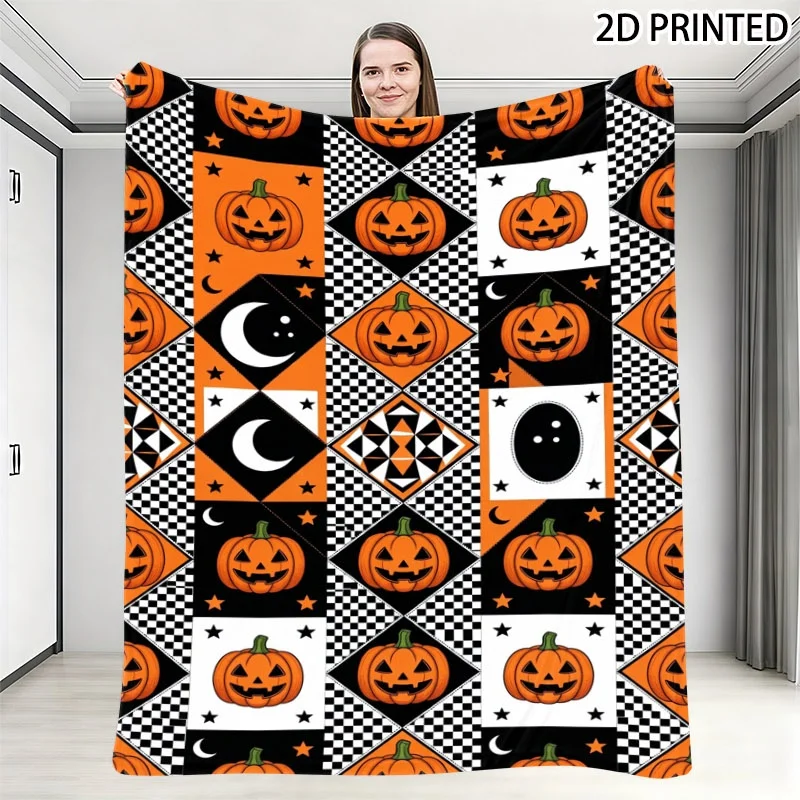 Playful Spooky Halloween Print Throw Blanket, Repeating Pattern with Jack-O'-Lantern Pumpkins, Checkered Squares, Crescent Moons