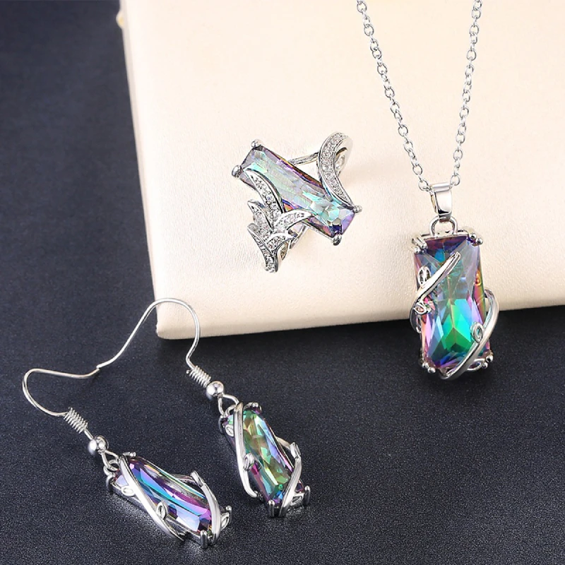 Huitan Geometric Multicolor CZ Women Ring Necklace Earring Set