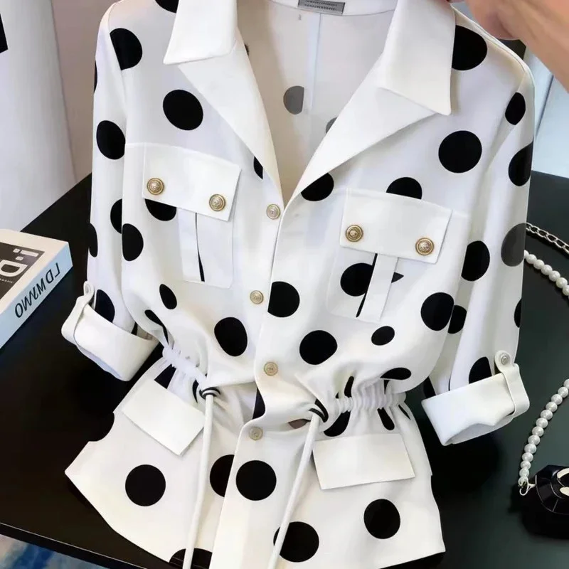 White Polka Dot Blouse Women, Long Sleeve Drawstring Waist Shirt, V Neck Button Up Casual, Tops Elegant French Style Summer