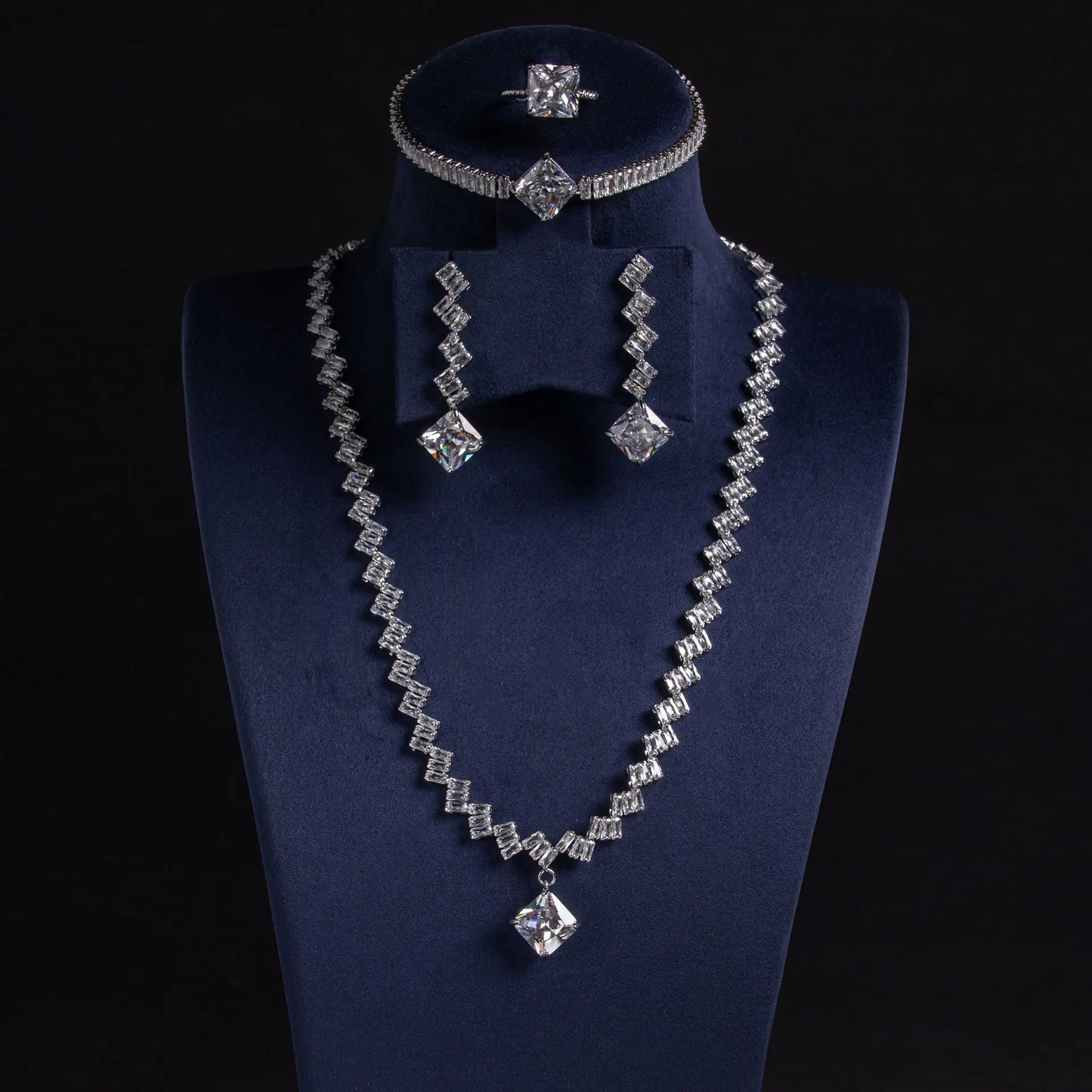 

European and American jewelry set, earrings, pendant, rhinestone necklace, women's jewelry, royal blue square fashion bridal acc