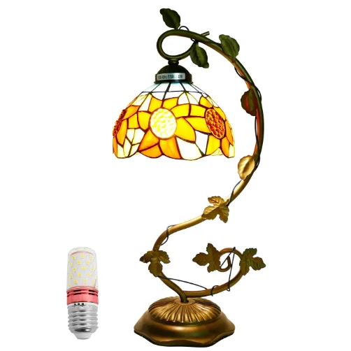 

￥%Beautiful Sunflower Table Lamp Handmade Stained Glass Desk with Metal Leaf Iron Decor Vintage Curved Reading Light