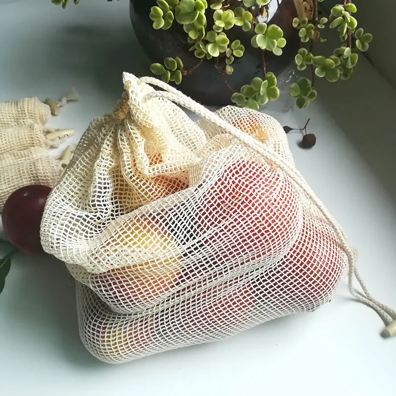 Reusable Cotton Mesh Vegetable Bags, Kitchen Storage Bag, Washable Drawstring Bags, Produce Fruit