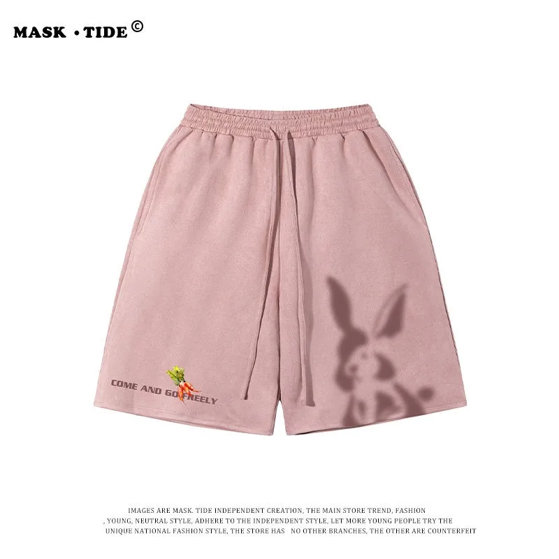 Suede Apricot Knee Length Pants Funny Graffiti Rabbit Shadow Cartoon Short Trouser Loose Sports Hip Hop Men Streetwear Goth Y2K