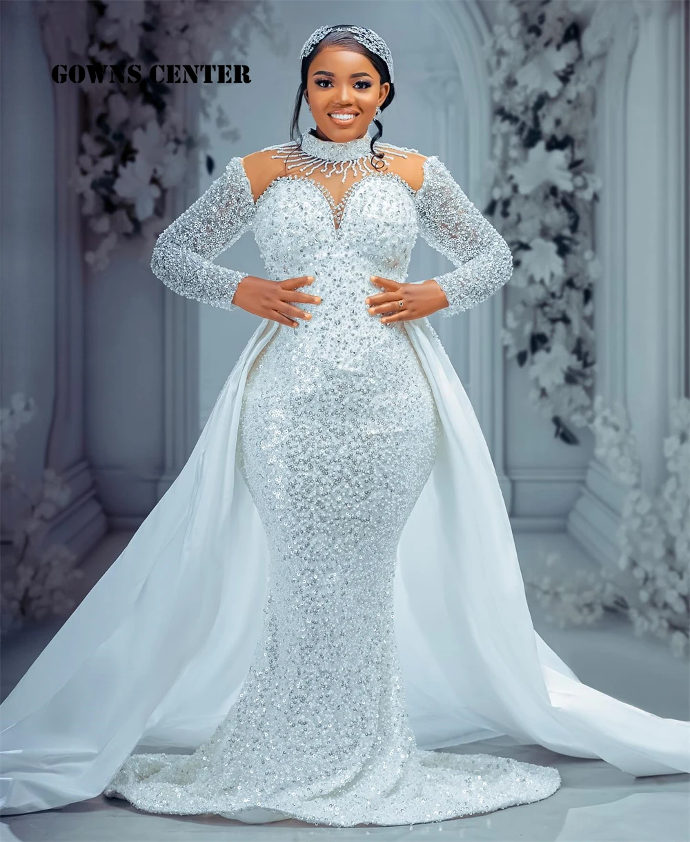 

Glamorous Long Sleeves Aso Ebi Wedding Dresses High Neck Beads Sequin Crystal Detachable Train Mermaid Bridal Gown Customized