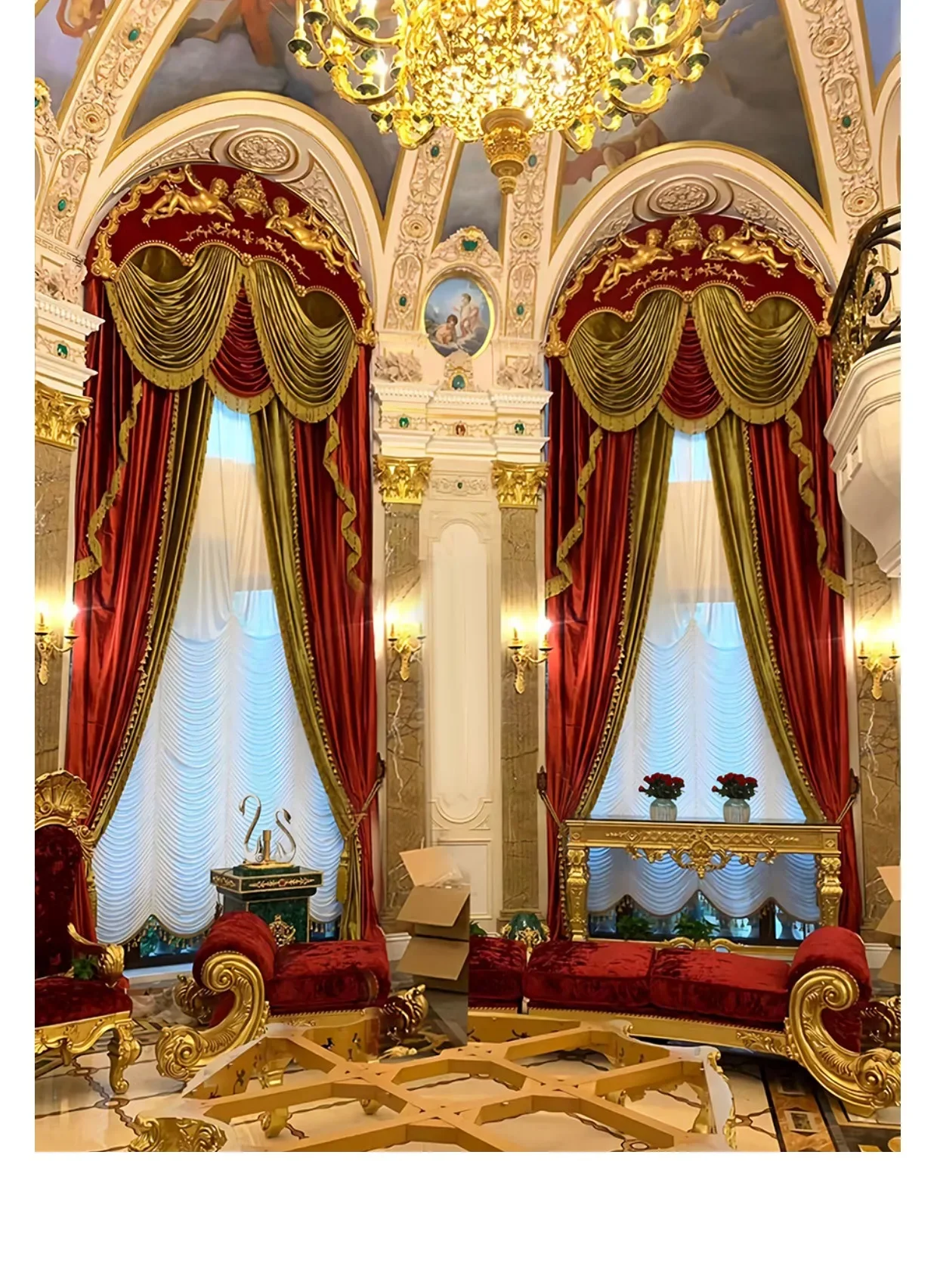 Gold Red Embroidered Window Screen Velvet Splicing Thickened Curtains for Living Room Bedroom French Balcony Villa Valance
