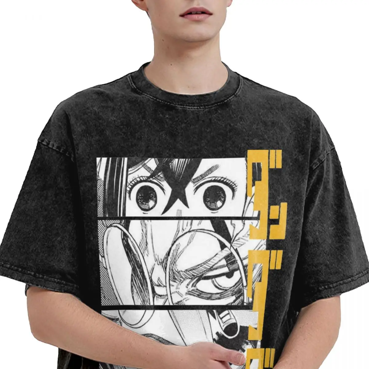 Hip Hop Dandadan Anime Eyes W Kaji Merch Shirt Washed Style Men Women Cool Manga T-Shirts Vintage Top Tee Shirt Streetwear