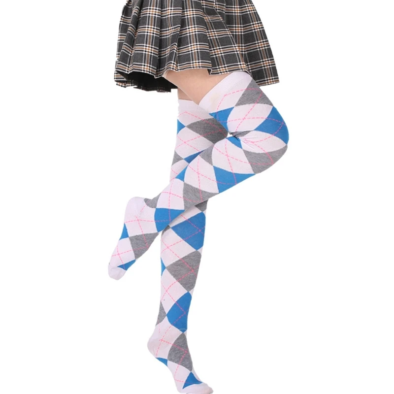 Women Student Thigh High Socks Vintage Colorful Argyle Plaid Over Knee Stockings