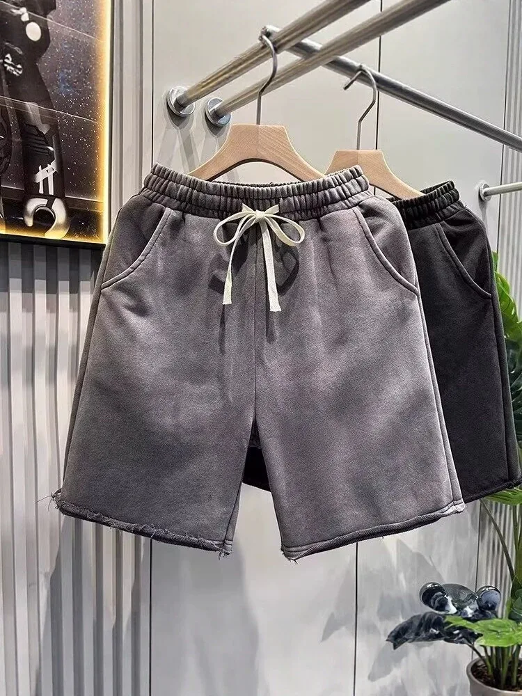 American Retro Washed 100% Cotton Shorts Summer Casual Fashionable Loose Hip-Hop Street Style Elastic Waist Fringe Shorts