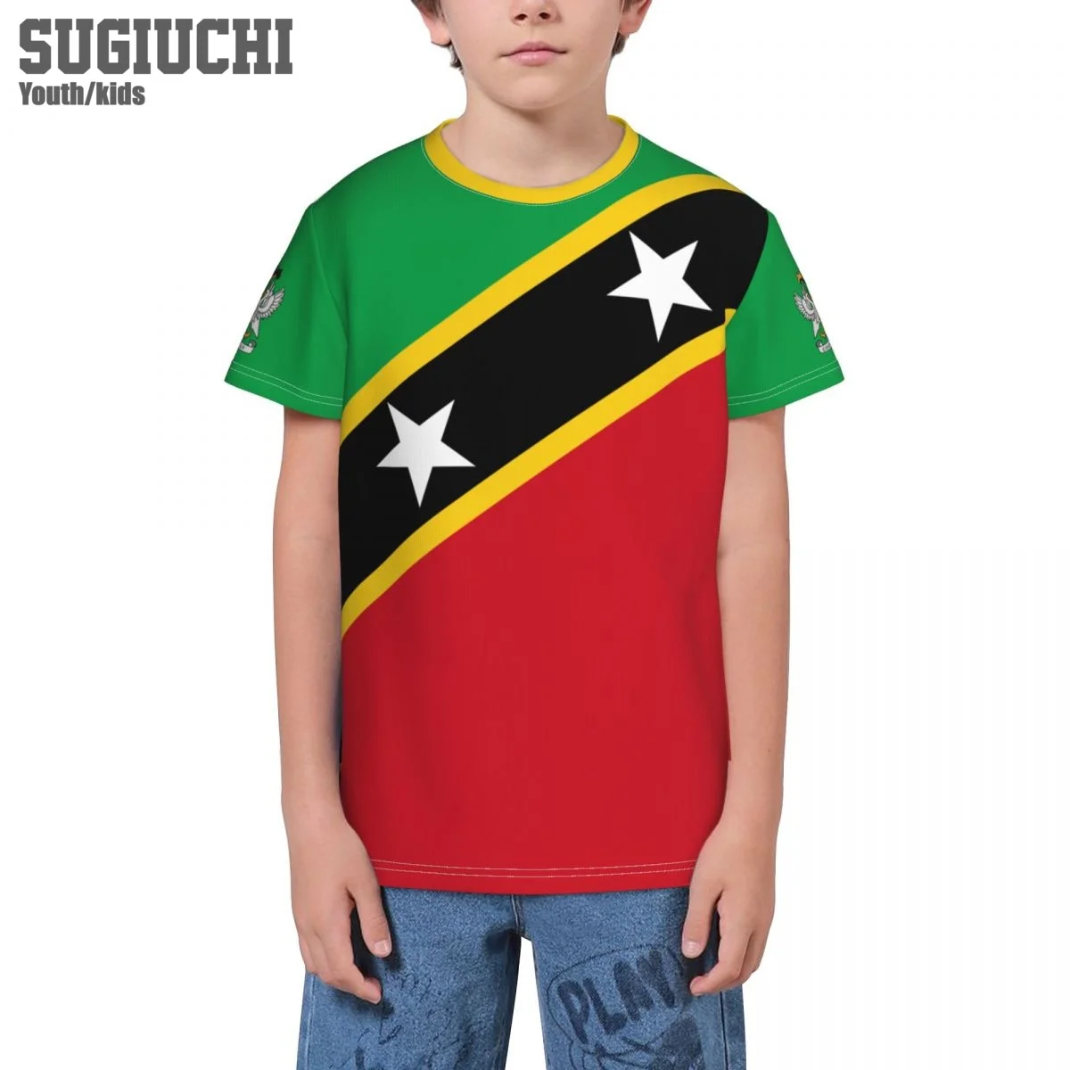 T-shirt 3D personnalisé avec emblème de Saint Kitts-et-Nevis pour enfants, maillot de football, tee-shirt de football, cadeau pour garçon et fille, nom et numéro