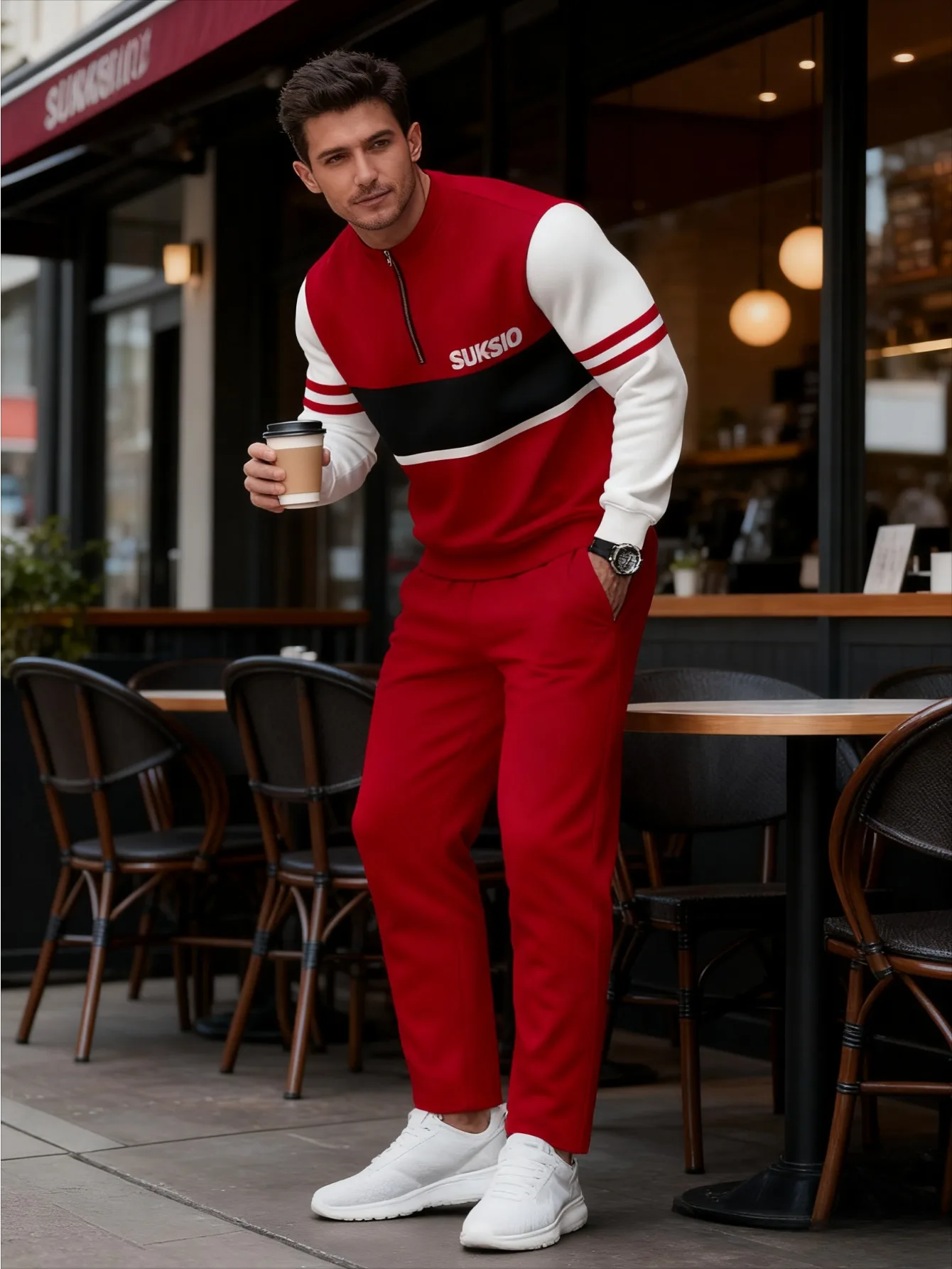 Conjunto de 2 piezas, conjunto deportivo de manga larga y pantalones largos a la moda para hombres europeos y americanos